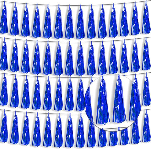 4P Blue Foil Fringe Tassel Banner Garland Metallic Tinsel Streamers Wall Hanging Curtain Backdrop Banner for Parade Floats, 2024 Graduation Decorations, Retirement Party Decoration
