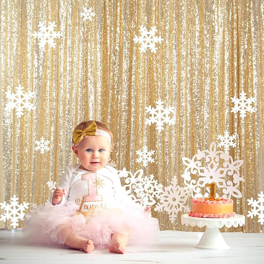 ShinyBeauty Sequin Backdrop - 8ft x 10ft Light Gold Sequin Fabric Drapes Sparkle Background for Photoshoot and Birthday Party