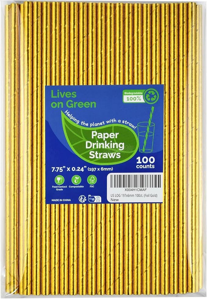 7.75 inch Compostable Gold Paper Straws 100 Counts - for Drinking, Cocktails, Party, Wedding, Decoration