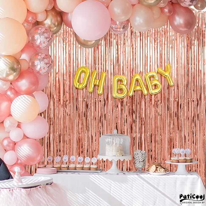 Rose Gold Birthday Decorations for Women Girls - Thicken 4 Pack 3.2 x 8.2 FT - Rose Gold Foil Fringe Curtain Backdrop for Birthday, Bridal Shower, Baby Shower, Bachelorette Party Decorations