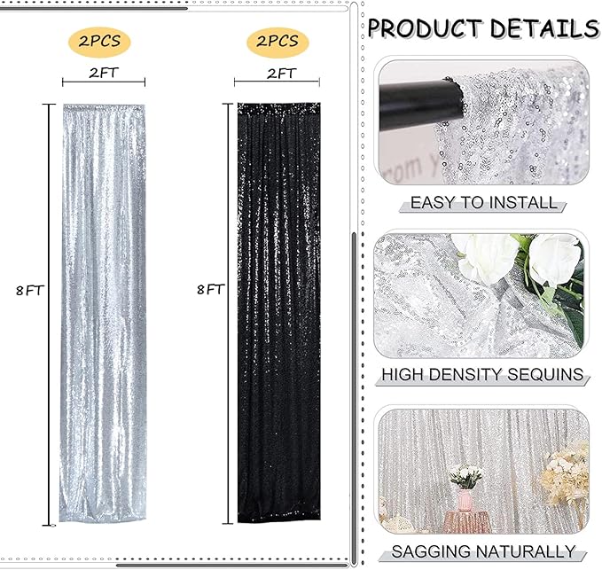 Sequin Backdrop Curtains 2FTx8FT 4 Panels Glitter Drapes Sparkly Photography Background for Wedding Birthday Party Bridal Baby Shower (Silver x 2+Black x 2)