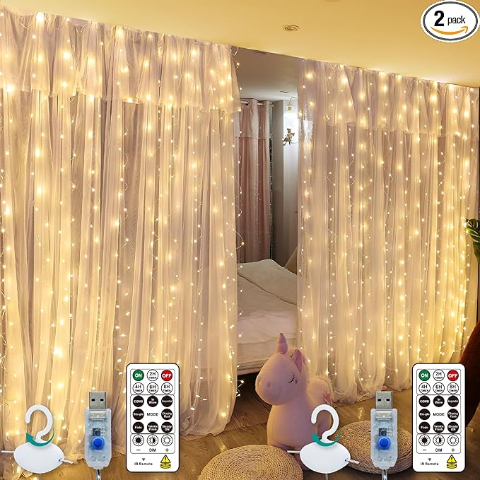 HXWEIYE 300LED Fairy Curtain Lights, 9.8x9.8Ft USB Plug-in 8 Modes Christmas String Hanging Lights with Remote for Bedroom Backdrop Wedding Party Indoor Wall Decor, Warm White(2 Pack)