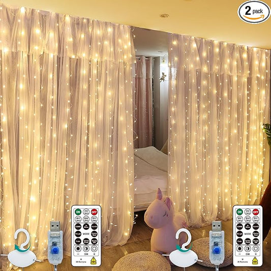 HXWEIYE 300LED Fairy Curtain Lights, 9.8x9.8Ft USB Plug-in 8 Modes Christmas String Hanging Lights with Remote for Bedroom Backdrop Wedding Party Indoor Wall Decor, Warm White(2 Pack)
