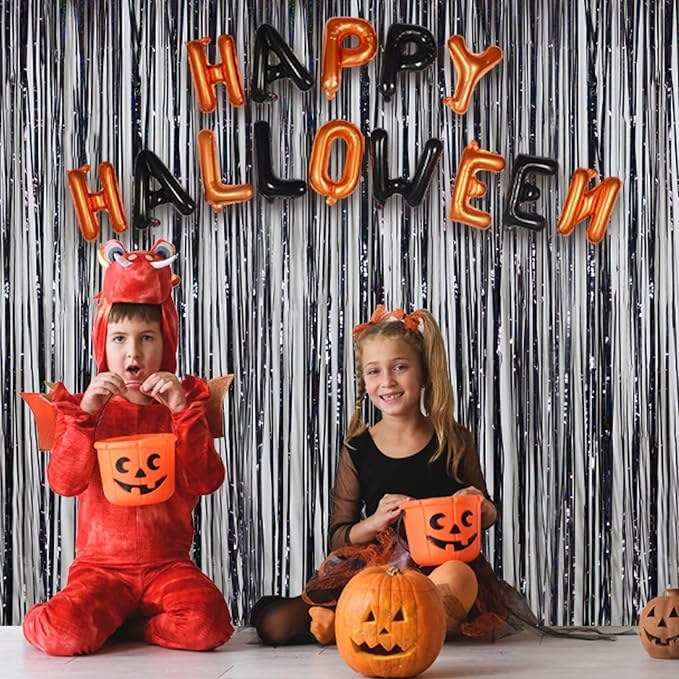 Foil Fringe Curtains Halloween Decor Party Decorations - Melsan 3 Pack 3.2 x 8.2 ft Tinsel Curtain Party Photo Backdrop for Birthday Party Baby Shower or Graduation Decorations (Pure Black)
