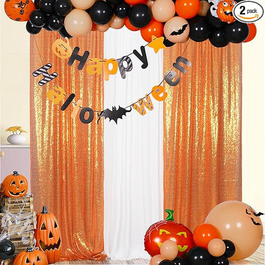SquarePie Sequin Backdrop Curtain 2FTx8FT Orange 2pcs Background for Halloween Thanksgiving Party Decoration