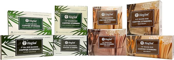 5000 Count | KingSeal Natural Birch Wood Coffee Beverage Stirrers, Stir Sticks, Waxing Sticks, 7.5 Inches, Round End, Eco-Friendly - 10 Boxes x 500 Stirrers
