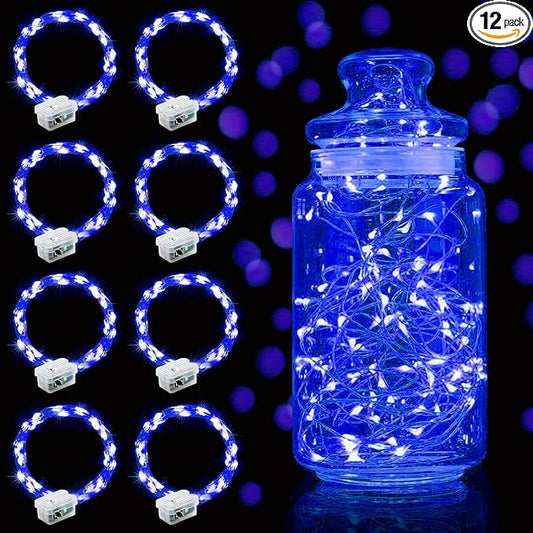 Aogist Led Fairy Lights 3 Modes Battery Operated String Lights Waterproof Silver Wire 7 Feet Firefly Starry Moon Mason Jar Lights for DIY Wedding Party Christmas (Blue, 8 Pack)