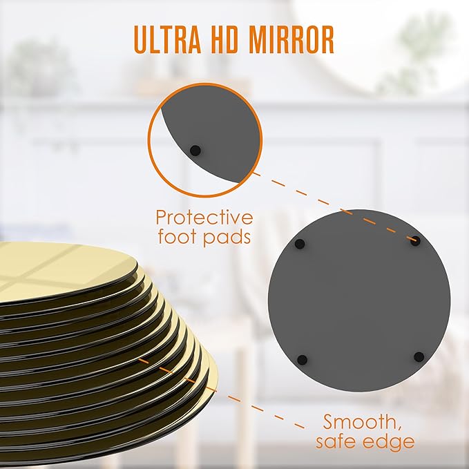 Houseables Gold Mirror Centerpieces For Tables, Round Mirrors For Centerpieces, Mirrored Trays, Round Table Plate Tray, Circle, Glass Charger, Wedding, Center Piece, Small, Base, Candle, 8 Inch, 12 PK