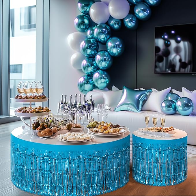 2 Pack Lake Blue Table Skirts, 29x108" Metallic Foil Tinsel Fringe Table Skirts for Rectangle Tables Streamer Curtains Backdrop, Party Decorations for Birthdays Weddings Holidays