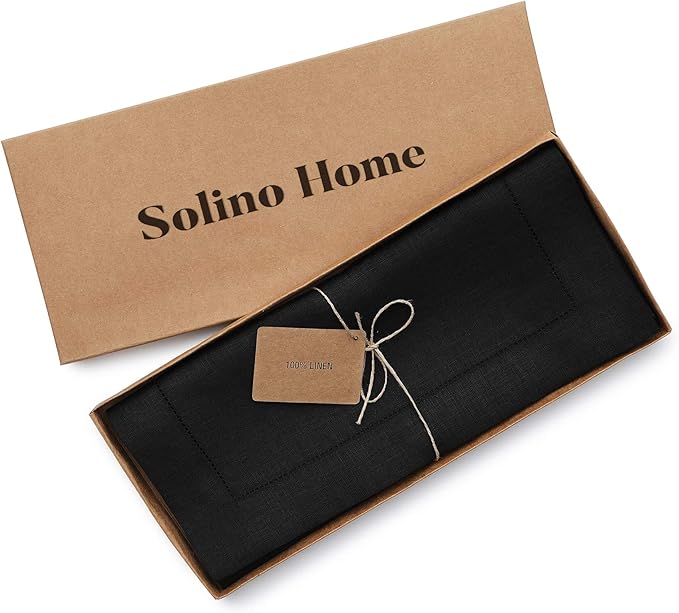 Solino Home Linen Black Table Runner 48 Inches - Classic Hemstitch, 100% Pure Linen Coffee Table Runner 14 x 48 Inch Ideal for Dresser Tables - Fall, Autumn, Halloween, Thanksgiving, Holiday