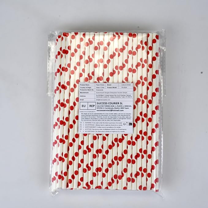 7.75'' x 0.24'' Red Polka Dots Disposable Paper Straws for Drinking, Compostable, 100 Counts - for Cocktail, Soda, Juice, Milk, Water