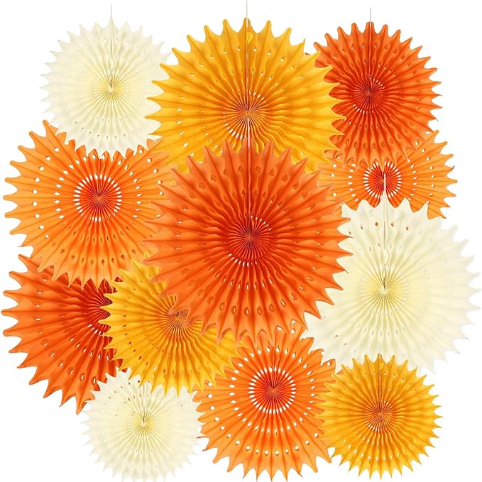 BestoFun 12PCS Orange Paper Fans Fall Party Decorations Tissue Paper Flowers Decorations for Girl Groovy Birthday Baby Shower Wedding Autumn Halloween Thanksgiving Room Wall Hanging Décor