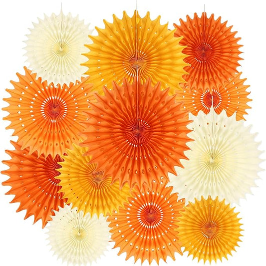 BestoFun 12PCS Orange Paper Fans Fall Party Decorations Tissue Paper Flowers Decorations for Girl Groovy Birthday Baby Shower Wedding Autumn Halloween Thanksgiving Room Wall Hanging Décor