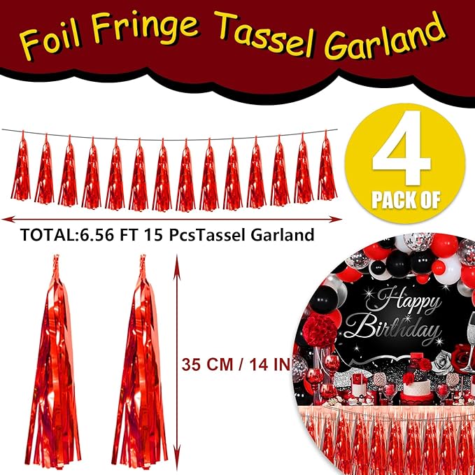 4P Red Foil Fringe Tassel Banner Garland Metallic Tinsel Streamers Wall Hanging Curtain Backdrop Banner for Parade Floats, 2024 Graduation Decorations, Wedding Party Decoration