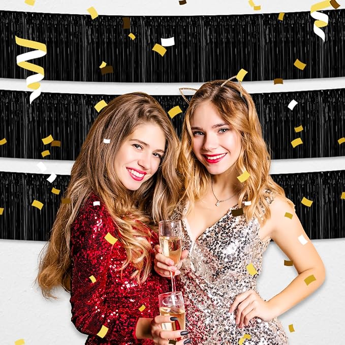 6 Pack 10 Feet Black Foil Fringe Garland Metallic Tinsel Streamers Banner Wall Hanging Curtain Backdrop for Parade Floats, Birthday, Graduate, Mother's Day, Wedding Party Decoration