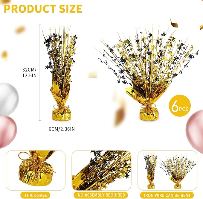 6 Pack Star Table Centerpieces for Party, Birthday Table Decorations for Kids Adults, Party Centerpieces for Tables for Wedding Baby Shower Graduation Holiday Event (Black Gold)