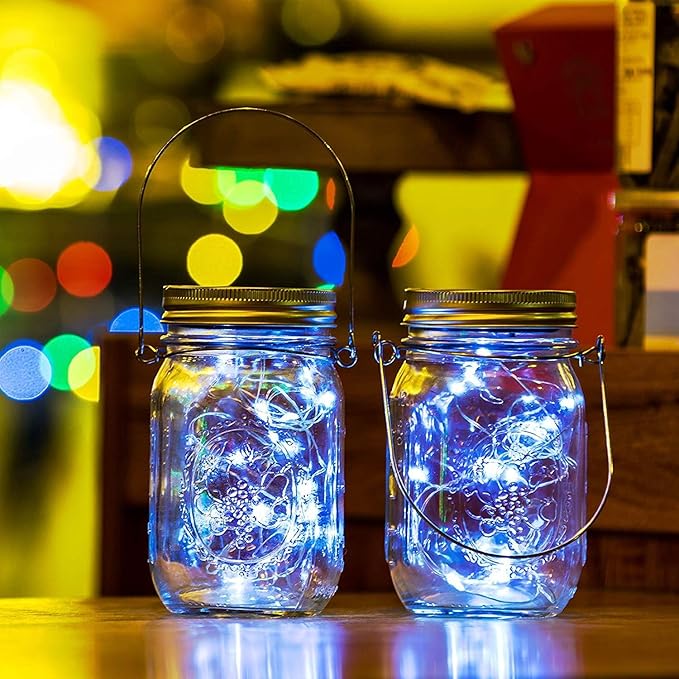 VOOKRY 6 Pack Solar Mason Jar Lights, 30 LED Mason Jar Lids Waterproof Firefly Fairy String Lights with 6 Hangers(No Jars), for Outdoor Patio Garden Yard Lawn Party Wedding Decoration - Cool White
