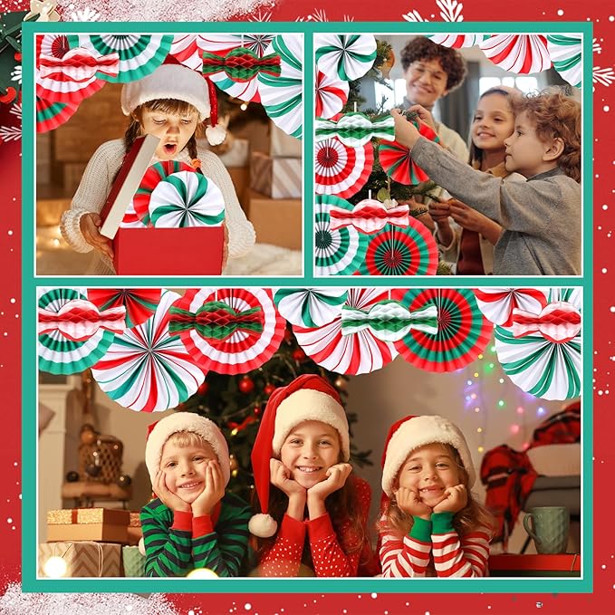 12 PCS Candy Hanging Paper Fans Christmas Candy Decorations Red Green White Christmas Party Decorations Christmas Party Decorations Christmas Wall Decorations Hanging Christmas Decorations
