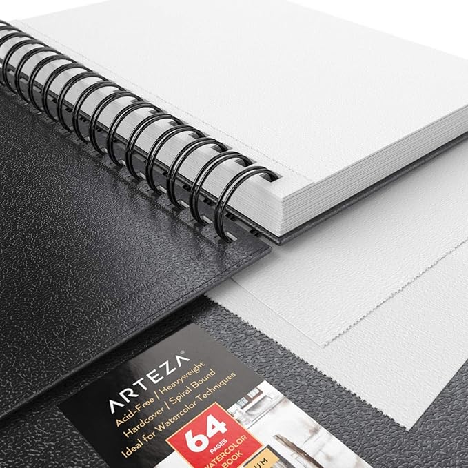ARTEZA Watercolor Sketchbook Set, 3-Pack, 64 Pages per Book, 5.5 x 8.5 Inches, Black Hardcover Spiral Notebooks, 140-Pound Premium Watercolor Paper for Artists