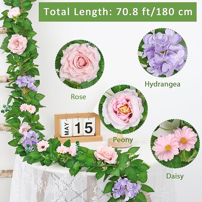 Dremisland 2PCS Artificial Rose Vine Fake Flower Garland 6FT Faux Silk Rose Hanging Vine Floral Garland Daisies Hydrangeas Ivy Vines for Wedding Party Wall Arch Garden Background Decor