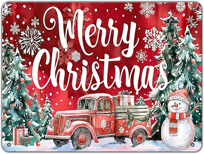 Christmas Truck Metal Tin Sign Merry Christmas Sign Funny Snowman Tin Sign Christmas Tree House Decoration for Indoor Home House Decor Party Supplies 12x16Inch