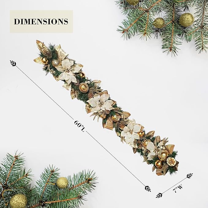 Holiday Tree White Gold Poinsettia Garland 5 Ft – Luxurious Christmas Garland with Metallic Accents, Festive Home Décor for Mantels, Doors & Tables