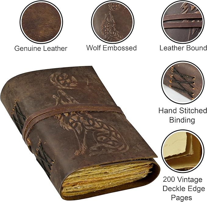 Urooj Handicraft Wolf Leather Journal Book of Shadows Notebook Handmade Daily Notepads for Men & Women Blank Paper 7x5 Inches - Best Gift for Art Sketchbook & Notebook