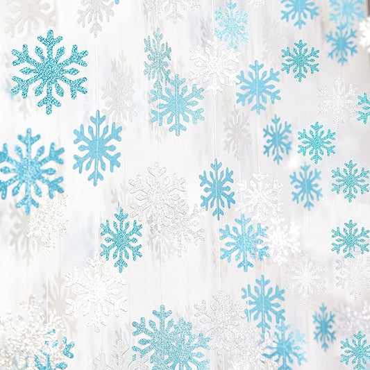 Snowflake-Snow Teal-Silver Christmas Party-Decoration Garland - 52ft Turquoise Winter Wonderland Frozen Ornaments Hanging Paper Streamers,New Years Birthday Baby Shower Wedding Ceiling Decor Hugfond