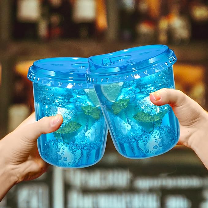 12oz Disposable Stemless Glasses With Strawless Sip Lids,PET Disposable Drinking Cups,Clear Plastic Wine Glasses for Parties Birthday,Wedding,Meeting,Christmas Party Supplies. (50, Blue)