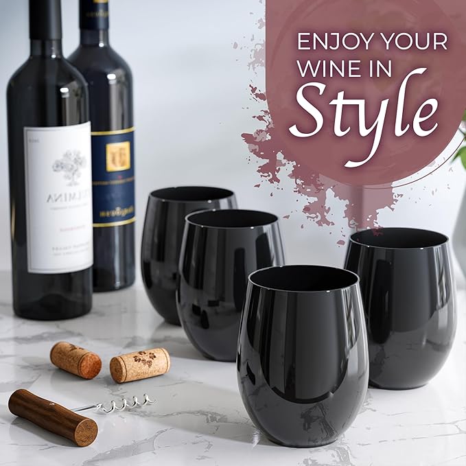 Exquisite 48 Pcs Unbreakable Stemless Plastic Wine Glasses Disposable Wine Glasses Stemless 12 Oz Black Plastic Cocktail Cups Black Party Cups Disposable Cocktail Glass Weddings & Events