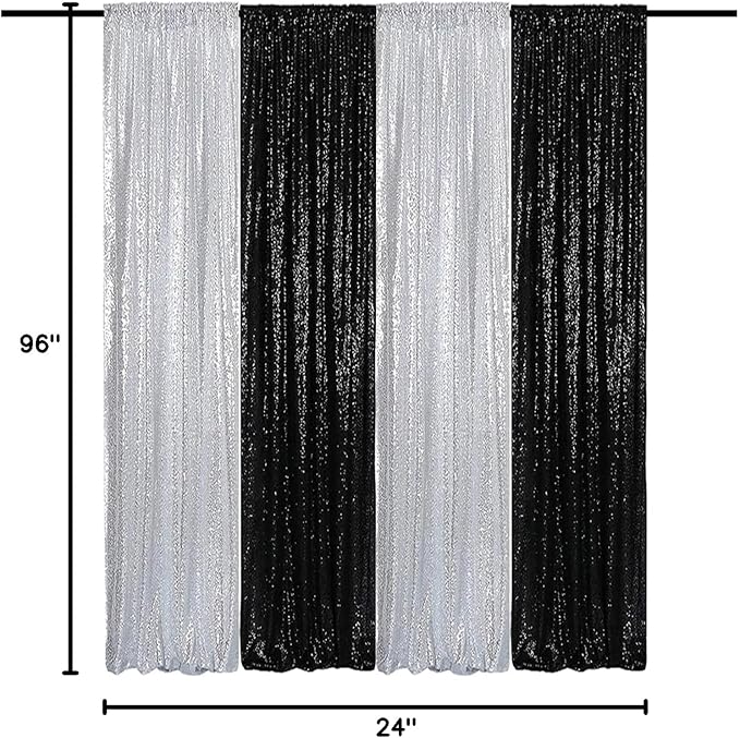 Sequin Backdrop Curtains 2FTx8FT 4 Panels Glitter Drapes Sparkly Photography Background for Wedding Birthday Party Bridal Baby Shower (Silver x 2+Black x 2)