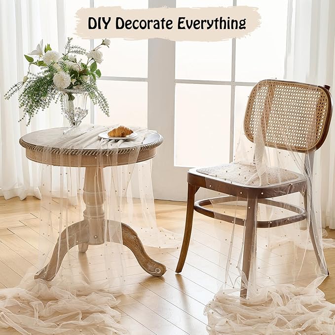 Fanami 3 Pack Pearl Table Runner -10FT Champagne Gold Boho Tulle Table Runners 120 Inches Long Rustic Sheer Lace Fabric Centerpieces for Wedding Arch Birthday Party Bridal Veil Baby Shower Decorations
