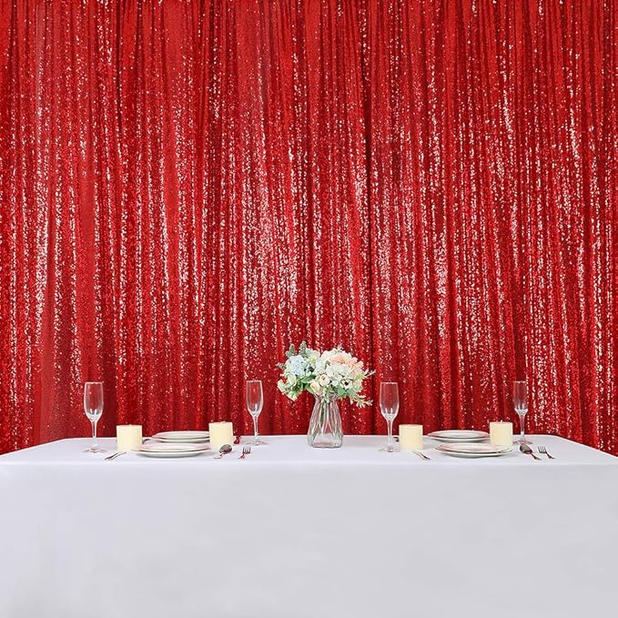 Hahuho Red Sequin Backdrop Curtain, 4PCS 2FTx8FT Glitter Backdrop Curtain for Parties, Christmas, Wedding, Party Decoration（4 Panels, 2FT x 8FT, Red