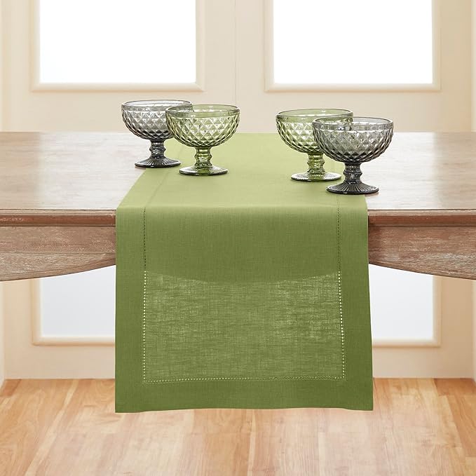 Solino Home Linen Moss Green Table Runner 72 Inches Long - 100% Pure Linen Hemstitch Table Runner 14 x 72 Inch for Dresser, Dining, Fall, Autumn, Halloween, Thanksgiving - Classic Hemstitch