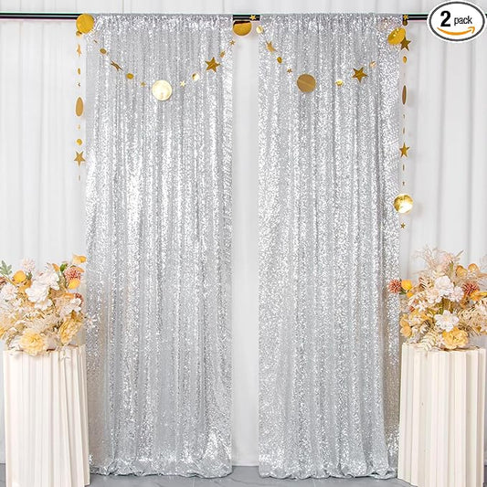 ShiDianYi Sequin Backdrop Silver 2 Panels 4FTx10FT Backdrops for Photography Shimmer Photo Backdrop for Birthday Sparkle Wedding Drapes Glitter Curtains Background