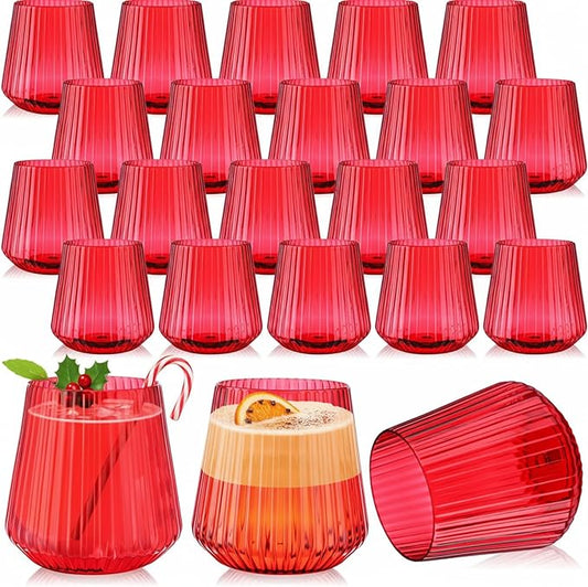 Suclain Plastic Wine Glasses Ribbed Stemless Wine Glasses 14oz Vertical Design Unbreakable Cups for Outdoor Indoor Vintage Elegant Champagne Whiskey Cups for Party Wedding(Red,50 Pcs)