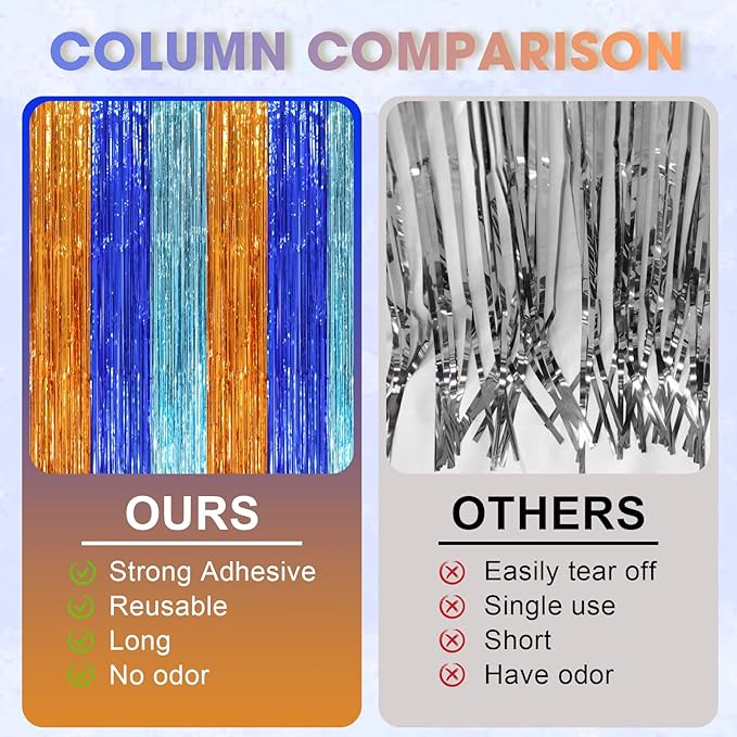 3 Pack 3.3 x 8.2 ft Blue Orange Foil Fringe Backdrop Curtains, Tinsel Streamers Party Decorations, Fringe Backdrop, Door Shimmer for Birthday Party