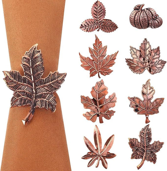 Remerry 8 Pcs Thanksgiving Napkin Ring Harvest Fall Leaf Pumpkin Holders Retro Alloy Metal Napkin Ring Buckle for Thanksgiving Wedding Table Supplies(Leaf and Pumpkin)