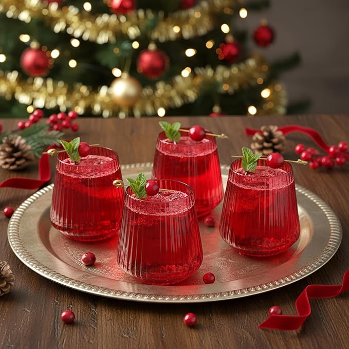 Suclain Plastic Wine Glasses Ribbed Stemless Wine Glasses 14oz Vertical Design Unbreakable Cups for Outdoor Indoor Vintage Elegant Champagne Whiskey Cups for Party Wedding(Red,50 Pcs)