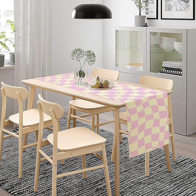 Hippie Table Runner Retro Geometric Square Purple Grid 60s70s Style Kitchen Restaurant Decoration for Indoor and Outdoor Wedding Party Table Runner 13x120 Inch