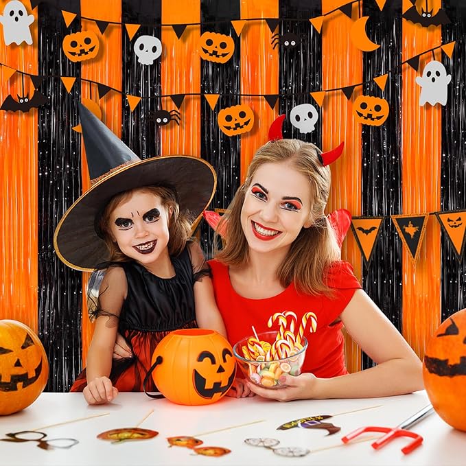 Orange Black Tinsel Foil Fringe Curtains, 2 Pack 3.3x8.3 Feet Party Streamer for Birthday Party Decorations, Halloween Decor, Foil Curtain Backdrop for Bachelorette Party