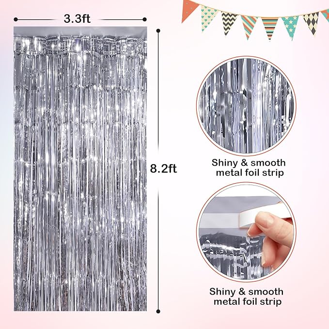 Silver Metallic Tinsel Foil Fringe Curtains, 4 Pack 3.3x8.3 Feet Streamer Backdrop for Birthday Party, Halloween Decor, Bachelorette Party