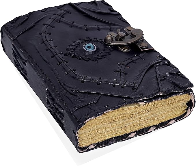 cuero Vintage Hocus Pocus Book of Spells Leather Journal Evil Eye Diary Girmoire Spell Book Prop Gifts (7" BLACK)