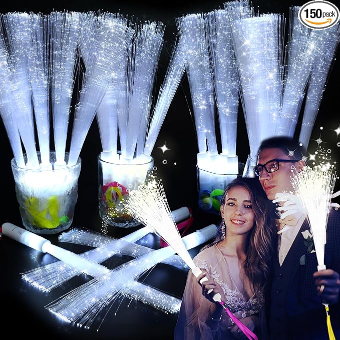 150 PCS White Fiber Optic Sticks, Glow Wands & Light Up Wands for Kids, Fiber Optic Wand with 3 Light Modes, Glow in The Dark Party Supplies, Wedding Party Supplies, for Wedding, New Year, Birthday