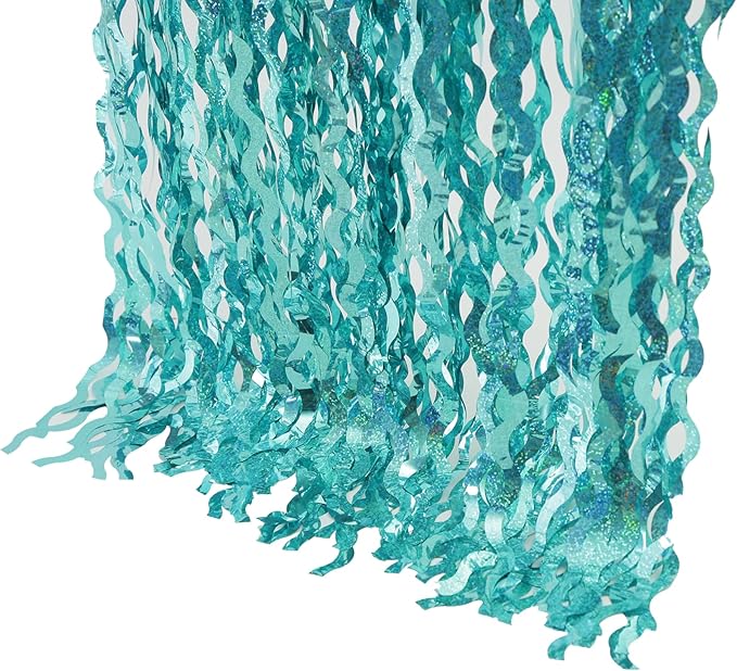 4 Pack 3.3 ft x 6.6 ft Wavy Sparkle Aqua Teal Blue Foil Curtain - Water Blue Foil Streamers for Holiday Bachelorette Ocean Themed Decor Winter Party Decorations Supplies