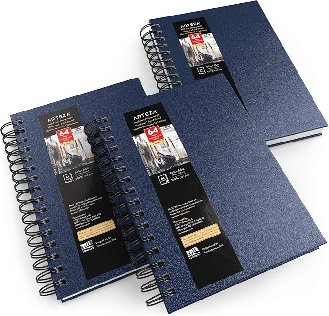 ARTEZA Watercolor Sketchbook Set,3-Pack,64 Pages per Book,5.5 x 8.5 Inches,Blue Hardcover Spiral Notebooks,140-Pound Premium Watercolor Paper for Artists