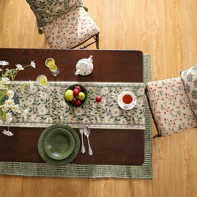 ISAENNE Designer Green Elegant Linen Table Runner 71 Inches Long,Flower and Leaves Pattern Wrinkle Resistant Table Runners for Dining Tables,Thanksgiving,Kitchen Tables,Christmas,12"*71"-Brune