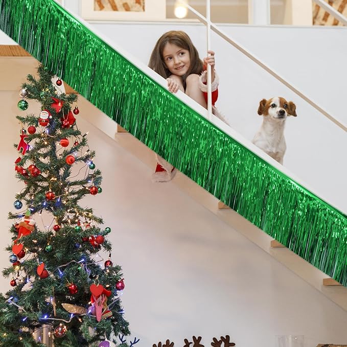 Green Christmas Decorations Tinsel Garland Parade Float Decorations for Trailer 4Pack 12FT Christmas Party Decor Ceiling Fringe Banner Green Backdrop for Streamers Party Decorations