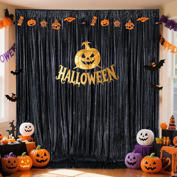 Black Backdrop Curtain 4.8x8FT Halloween Backdrop Sparkly Sequin Party Background Drapes for Birthday Wedding Stage Shimmer Wall Backdrop