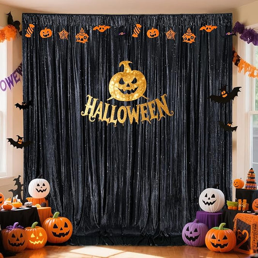 Black Backdrop Curtain 4.8x8FT Halloween Backdrop Sparkly Sequin Party Background Drapes for Birthday Wedding Stage Shimmer Wall Backdrop